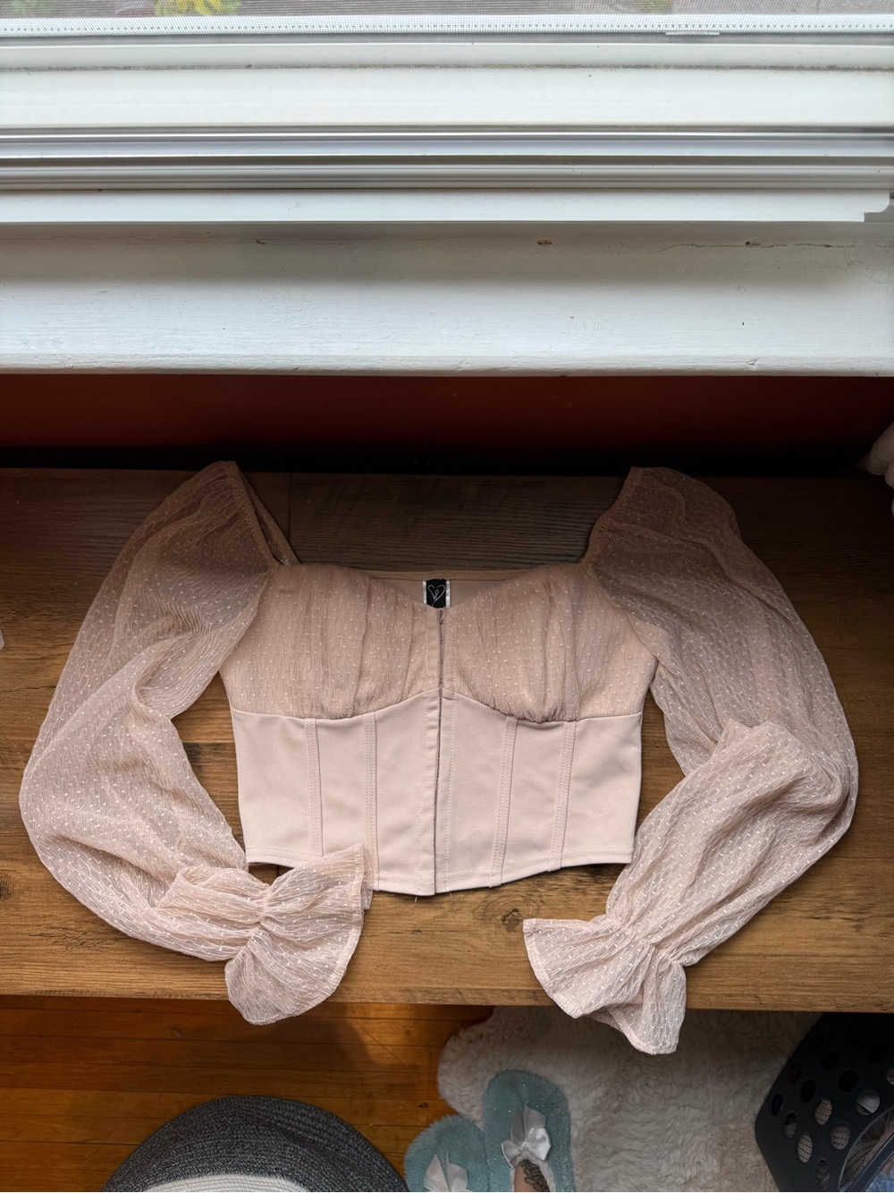 Windsor Blush Sheer Puff-Sleeve Corset Blouse
